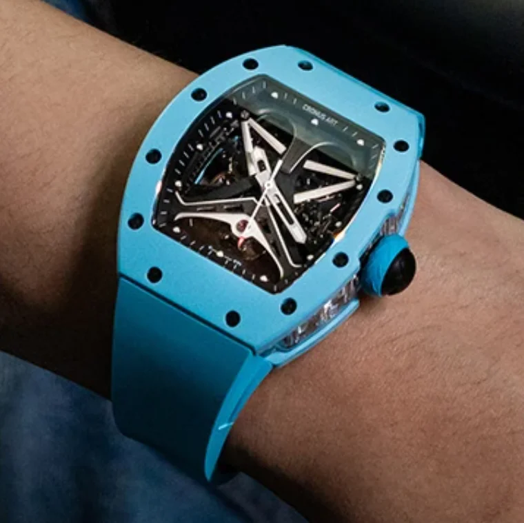 

CRONUSART Men Automatic Watch 50mm Tonneau Mechanical Wristwatch Carbon Steel Case Luminous FKM Strap Skeleton Racing Car Dial