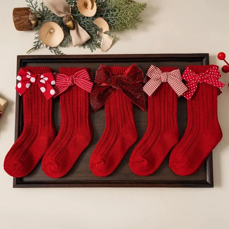 Baby Mädchen Kniestrümpfe Kinder Baumwolle Rot Große Schleife Weihnachtssocke Solide Wollbeinwärmer Mädchen Kleinkind Weiche Socken Für Kleinkinder