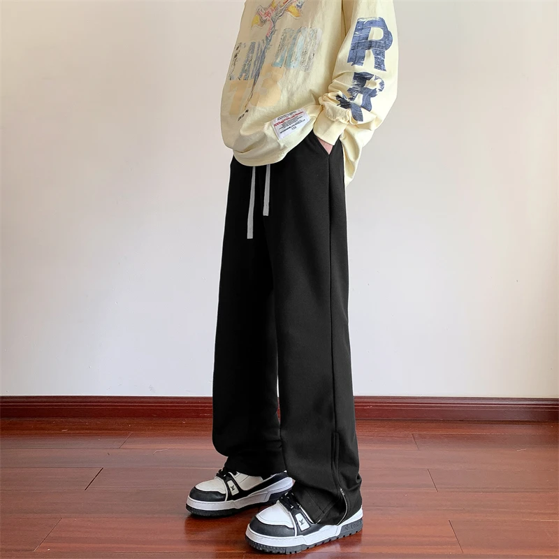 Spring Straight Sweatpants Men's Fashion Zipper Design Wide-Leg Mopping Casual Pants Trendy Male Solid Color Loose Trousers
