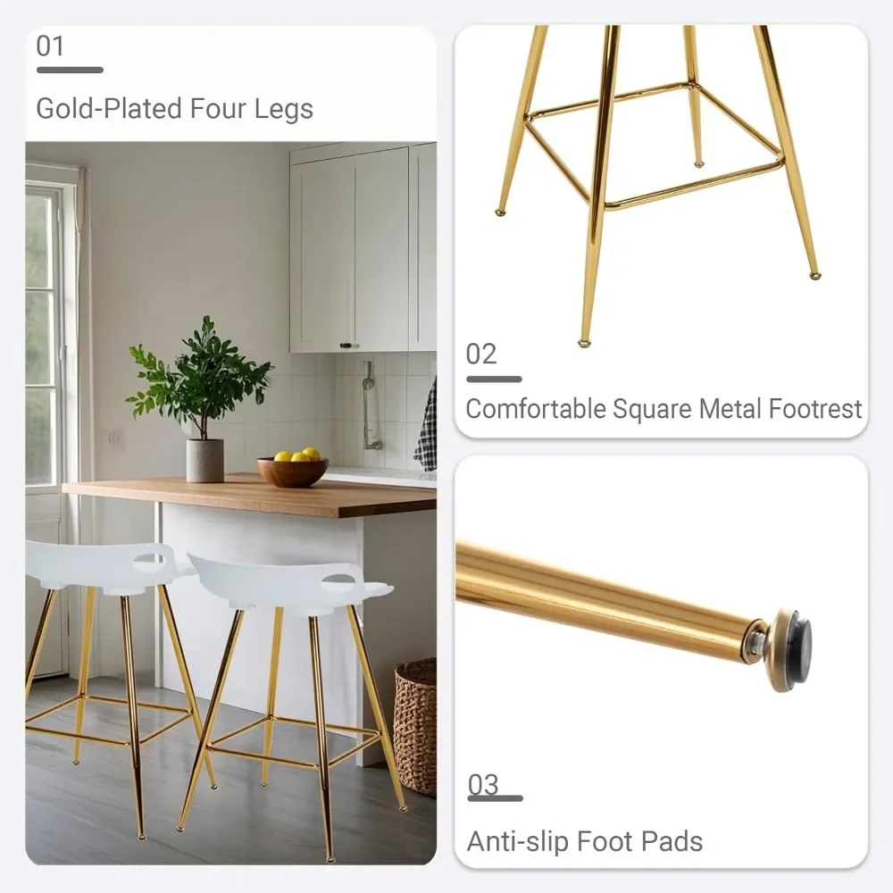 Juego de 2 taburetes dorados con altura de mostrador, asientos y reposapiés de cuero, taburetes de bar blancos de 26 pulgadas