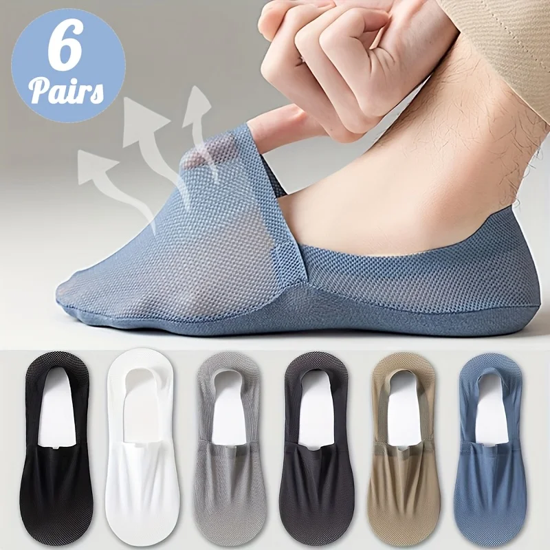

6pairs Men's Mesh Summer Solid Color No-show Socks Lightweight Breathable Soft for Office Work Daily Casual Wear Outdoor Sports