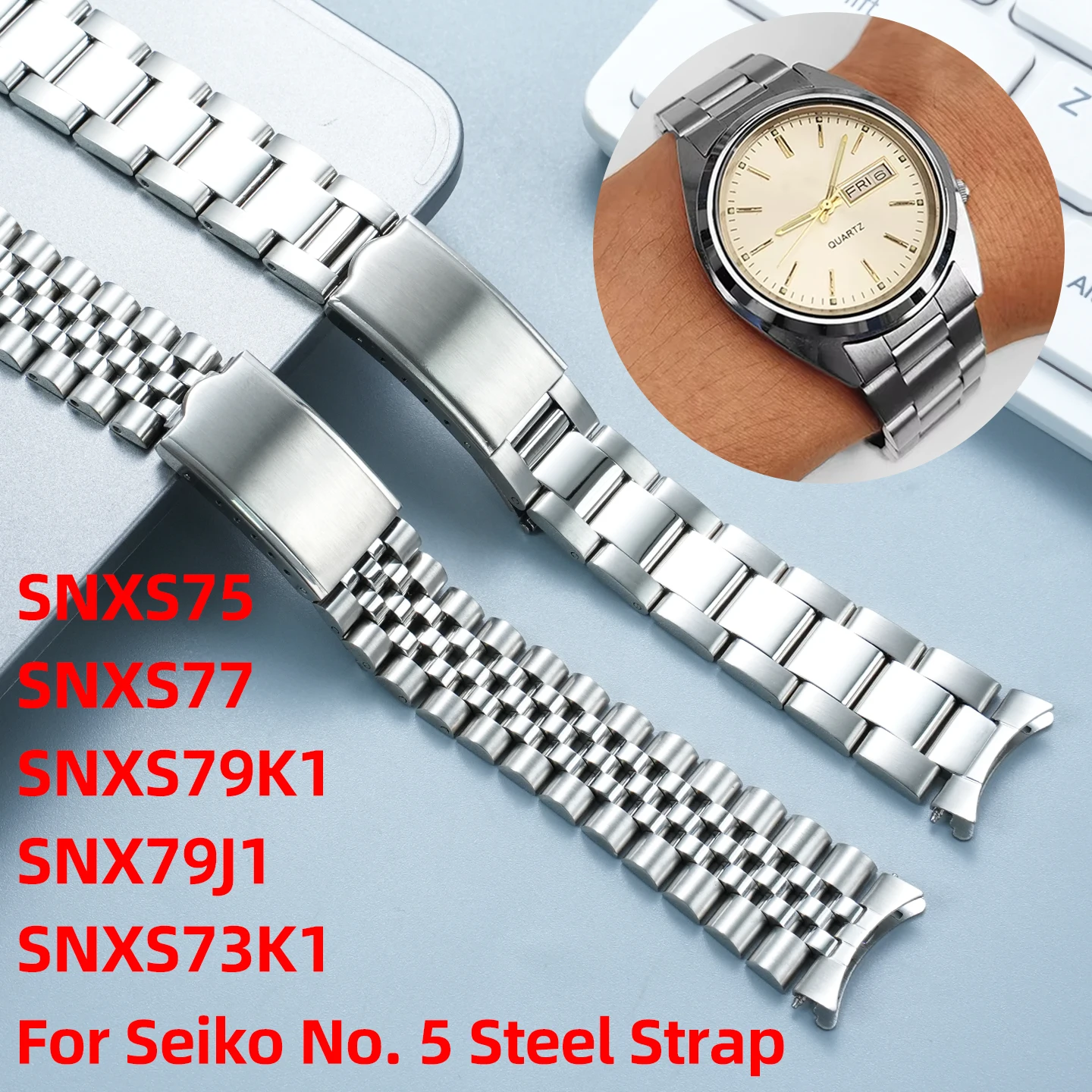 

Серебряный изогнутый браслет для часов Seiko N0.5 SNXS73 SNXS77 SNXS79 SNXS75 SNXS80 SNXF05, 19 мм, из нержавеющей стали.