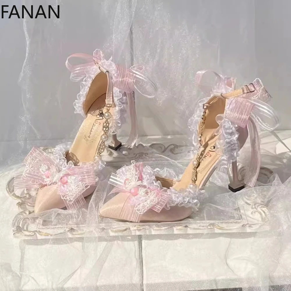 

2025 New Lolita Pink Women's Shoes Sandals Lace Elegant Banquet Wedding High Heels Stiletto 5-8cm Pointed Sandals Pumps Original