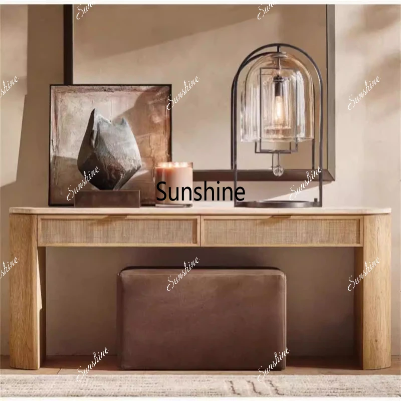 

American country solid wood entryway, living room storage table, rattan storage cabinet, modern and simple