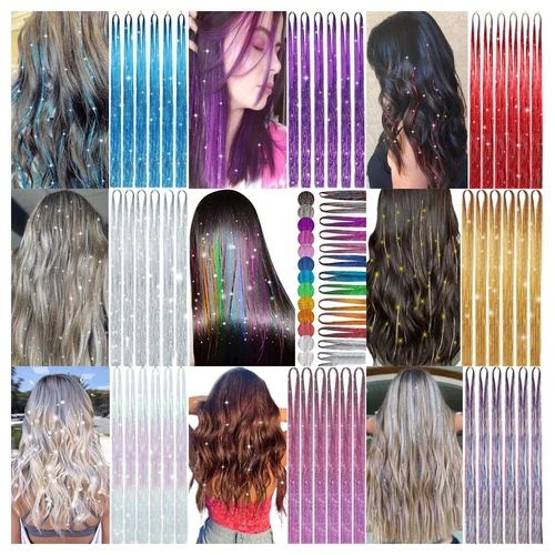 Imagen 2 del producto Oropel de pelo brillante de 36/48 pulgadas, hebras de colores arcoíris, tocados para niñas, horquilla láser, extensiones de cabello falso, decoración con purpurina