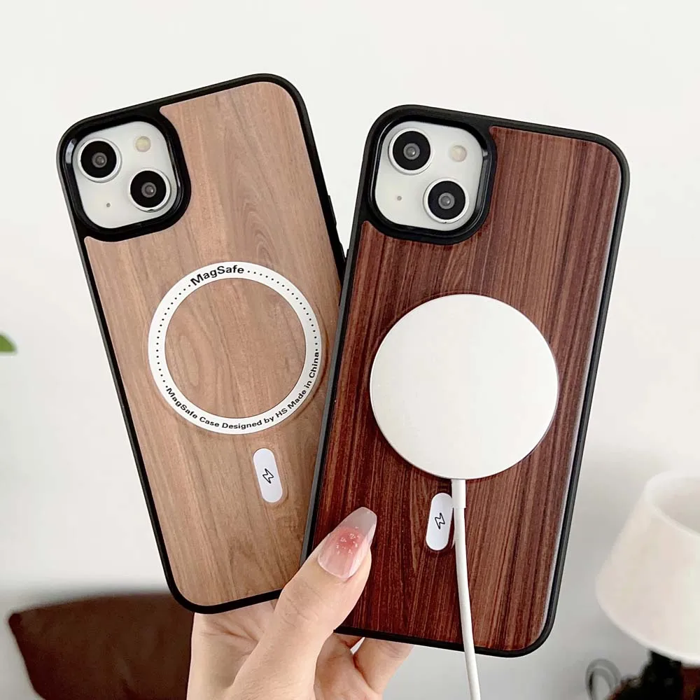 Wood Grain N52 Strong Magnetic Case for iPhone 14 13 12 11 Pro Max Plus Shell Shockproof for Magsafe Wireless Charge Hard Cover