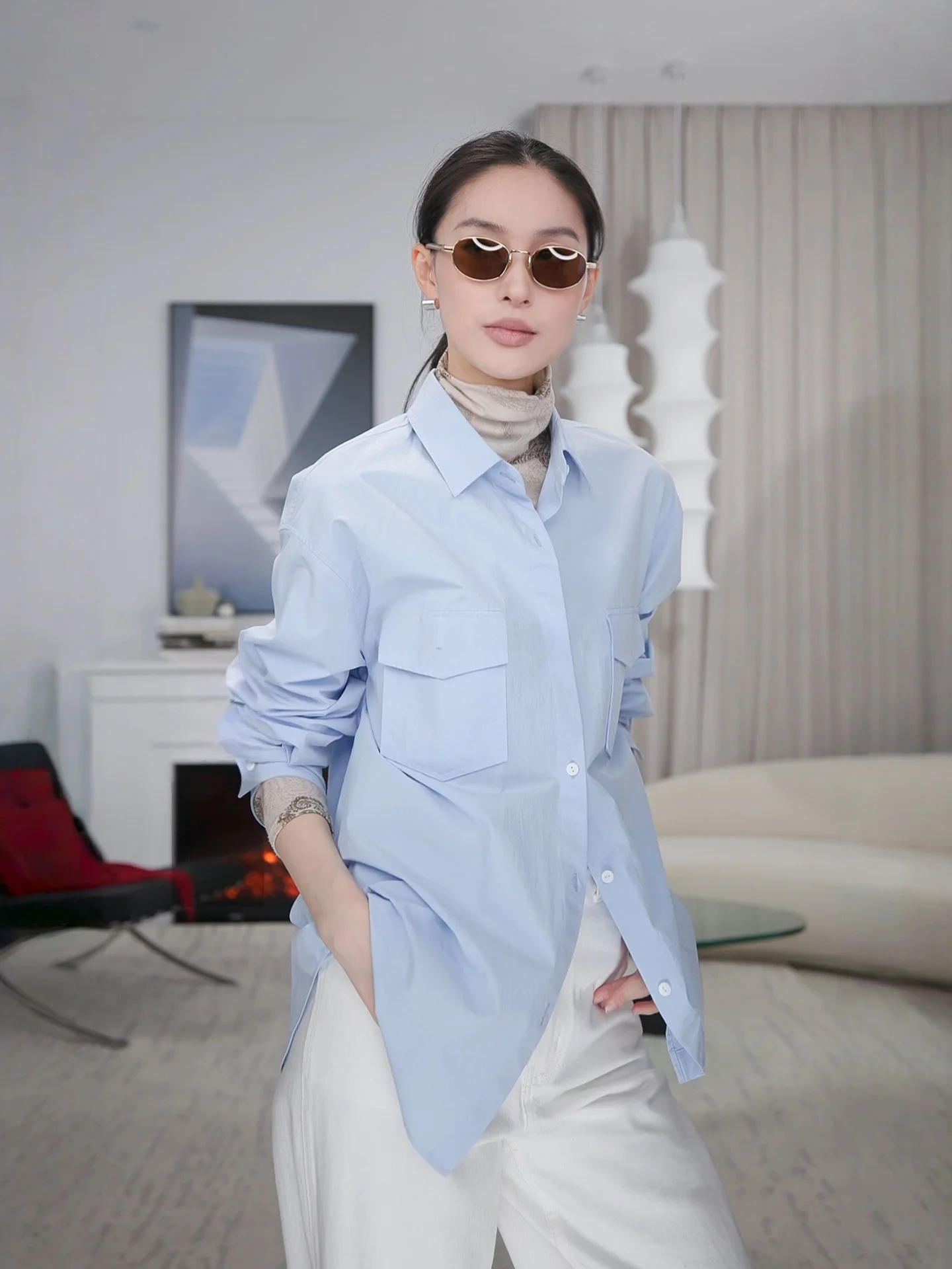 

Spring Casual Sle Loose Fit Women's irt Long Sve Pure Color Cotton irt Light Blue Color JIEJI ZHANG Brand