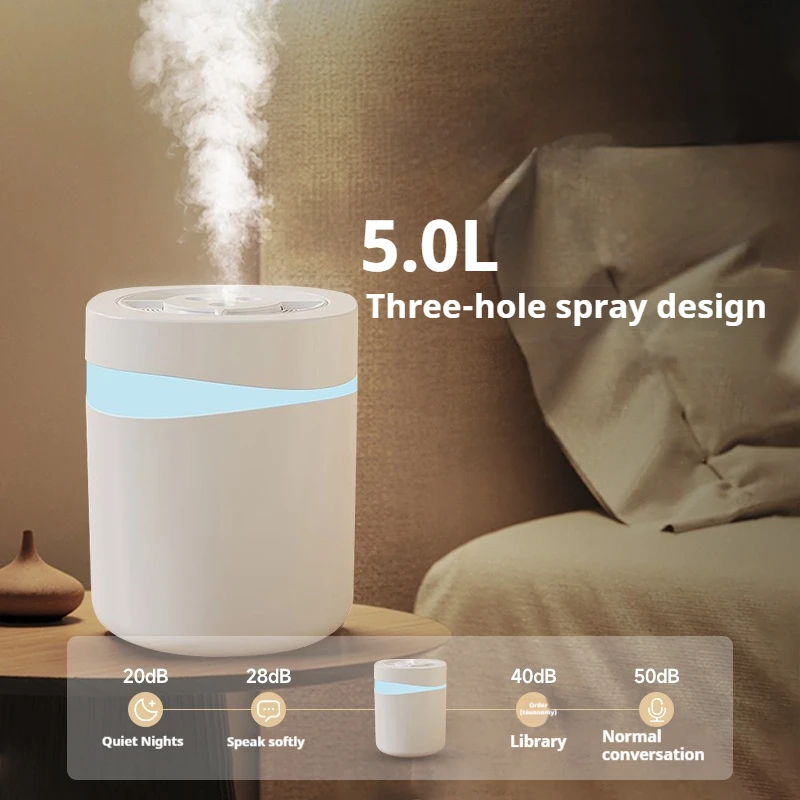 Umidificador de Ar Portátil 5L, Pequeno Difusor de Aroma com 3 Saídas de Spray, Grande Capacidade, USB, Umidificador para Casa, Óleo Essencial, Criador de Névoa Fria