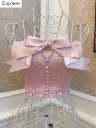 Dophee Cute Princess Camisole Women Love Beading Bow Midriff-baring Crop Tube Top Pink Sleeveless Stretch Slim Breast Wrapping