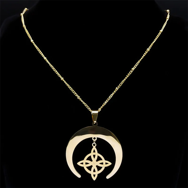 Hexenknoten-Halskette, Wicca-Halbmond, Keltischer Knoten, Edelstahl-Amulett-Halskette für Damen und Herren, Schmuck – Detail 4