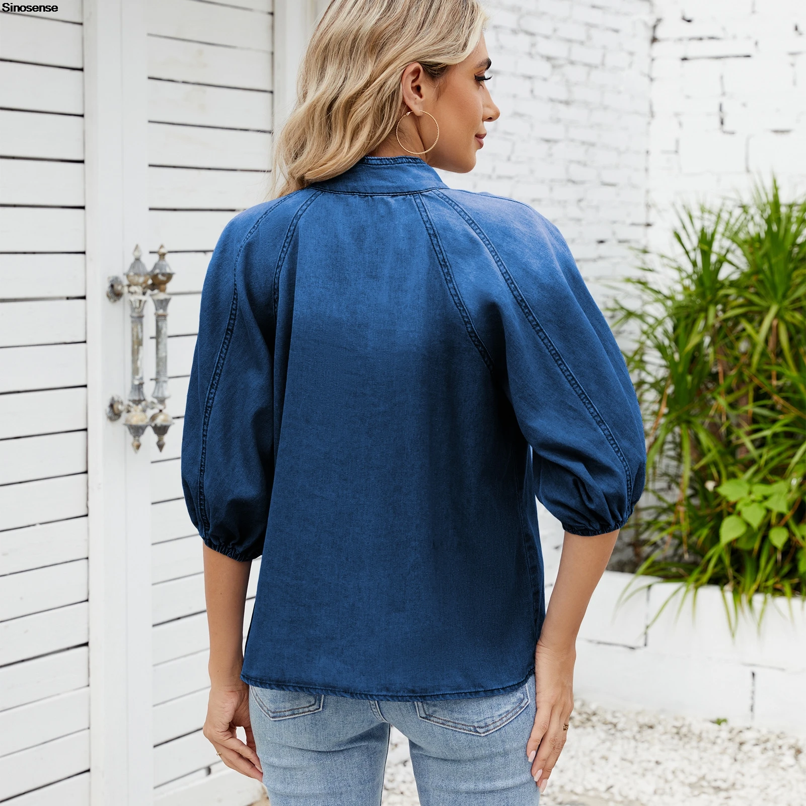 Dames elegant denim overhemd casual zakelijk werk kantoor blouses vintage losse grote strik lantaarn mouw lente zomer jeans tops