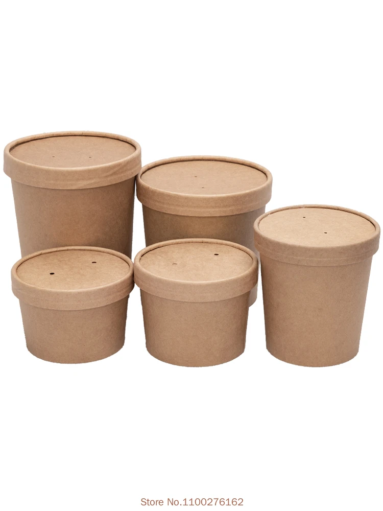 50pcs/pack Thick Paper Bowl Disposable Fast Food Package Takeaway Box With Lid