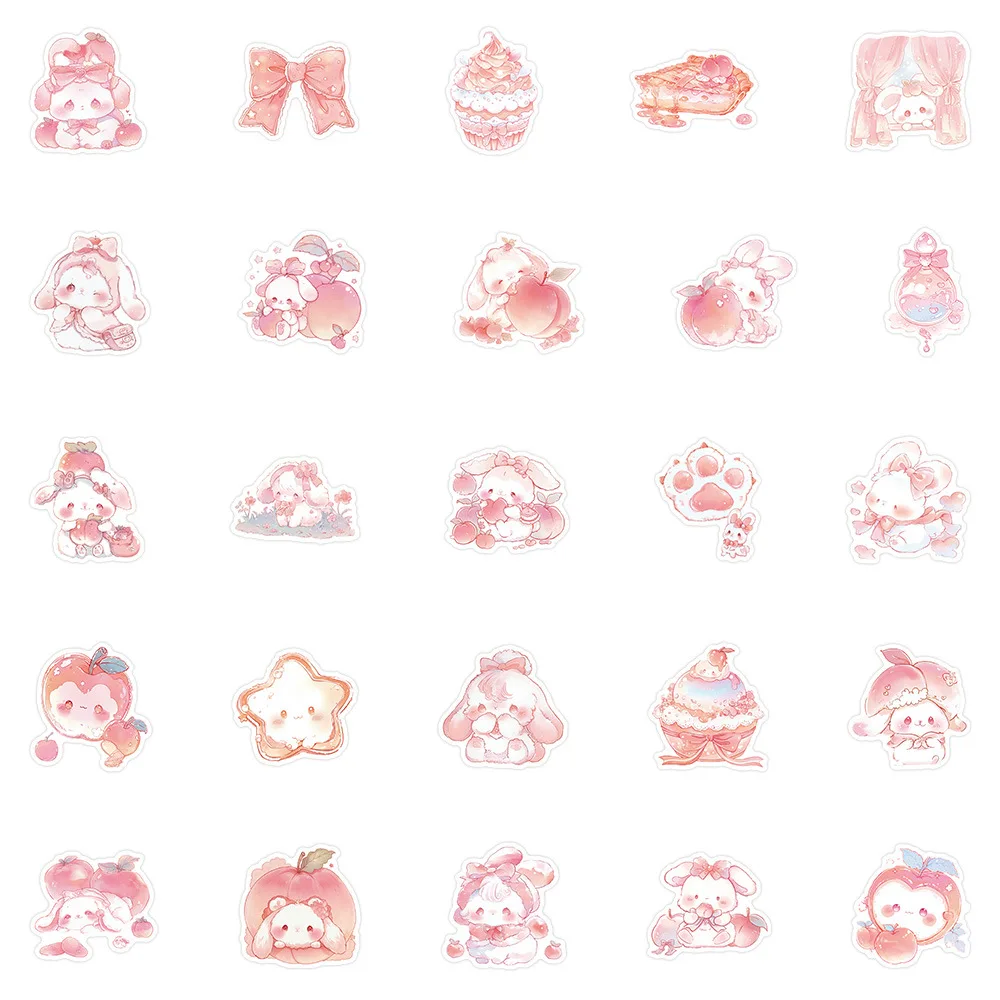 10/54PCS Kawaii Rabbit Cartoon Stickers Peach Style Animal Graffiti Fridge Luggage Laptop Guitar Car Bike Decal Pink Gift Toy