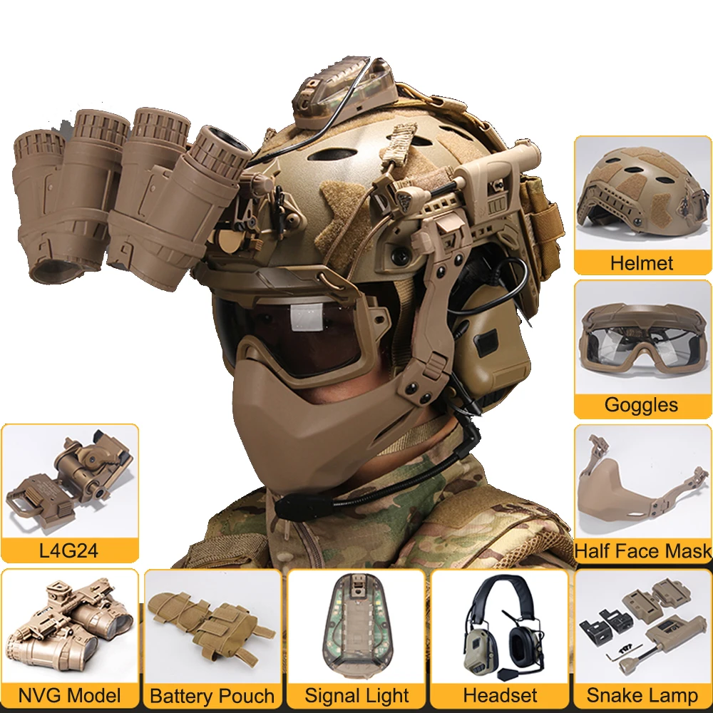 Tactical Airsoft Helmet Set, with Headset Mask Night vision Goggles Battery Pouch Signal Lights For Hunting Paintball Shooting