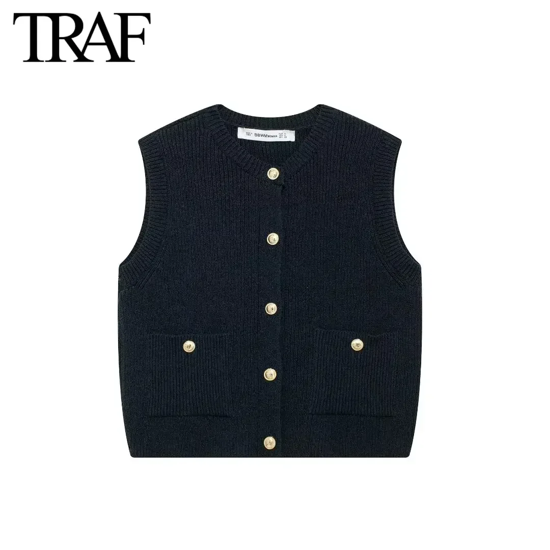 TRAF Women Fashion Spring New Solid Color Pocket Single Breasted Cardigan Round Neck Knitted Sweater Vest Sweet Chic Ladies Tops