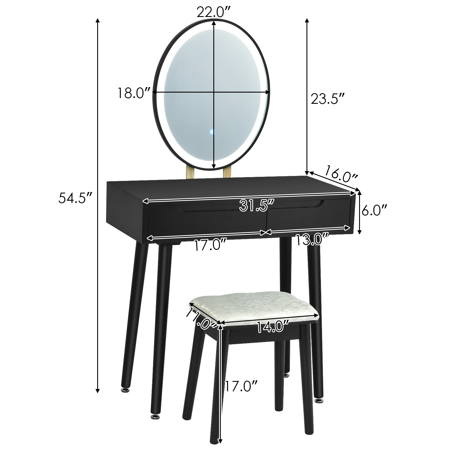 Vanity Makeup Table Touch Screen 3 Lighting Modes Dressing Table Stool Set Black