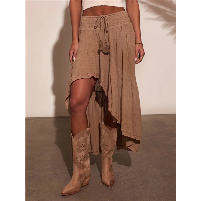 【D75C】ชุดเดรสแม็กซี่โบฮีเมียนตะวันตกของผู้หญิงฤดูร้อนลำลองไม่สมมาตรชายกระโปรงสูง-ต่ำกระโปรงยีนส์กระโปรงครึ่งตัว