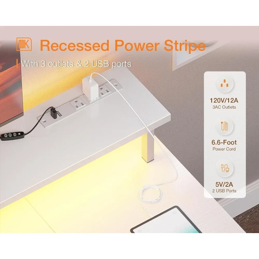 63 inch Computer Desk with Power Outlets & LED Lights, Gaming Desk with Monitor Stand & Storage Sheves, Home Office Desk