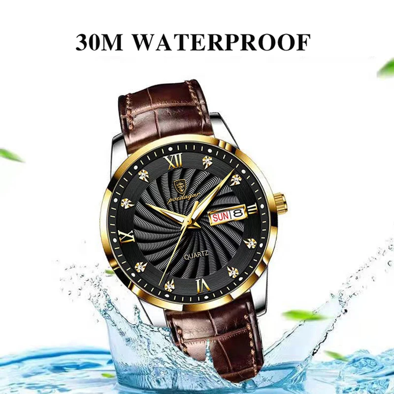 POEDAGAR-Reloj de pulsera de cuarzo para hombre, cronógrafo de negocios, resistente al agua, deportivo, informal, con correa de cuero genuino,