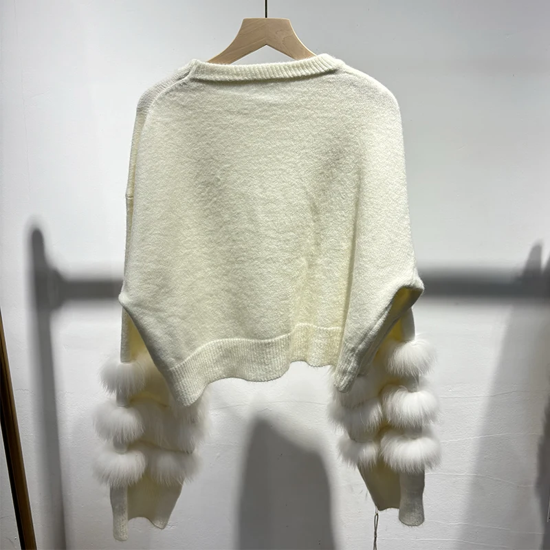 เสื้อสเวตเตอร์ขนสัตว์คลาสสิกคอโอสำหรับผู้หญิง ฤดูใบไม้ร่วง ปี 2025 สีเทา ขนฟ็อกซ์ธรรมชาติ หนา ถักสำหรับสาวๆ