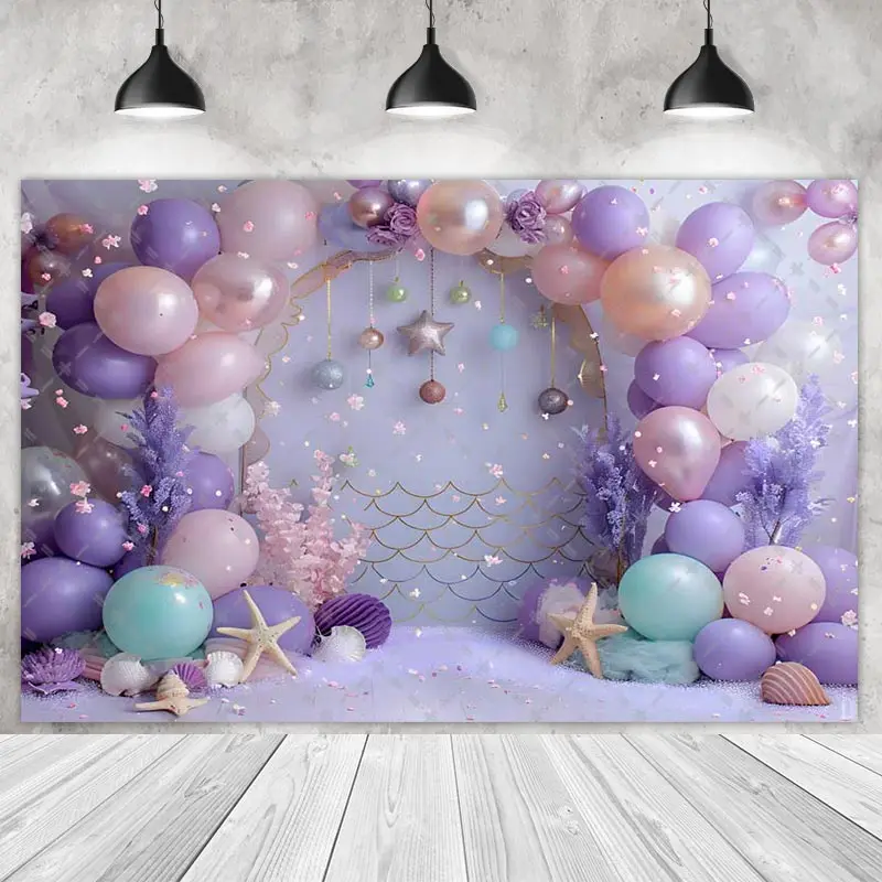 Princess Mermaid Under The Sea Backdrops Children Kids Girl Photography Cake Smash Balloons Shells Background Photo Shoot Studio