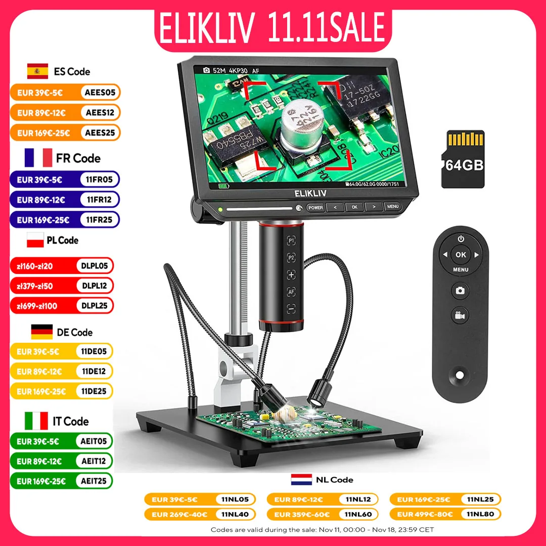 Цифровой микроскоп Elikliv с автофокусом, цифровой микроскоп 4K, 2000x HDMI, микроскоп для пайки, для ремонта электроники, 8-дюймовый усилитель для монет, подставка 10 дюймов