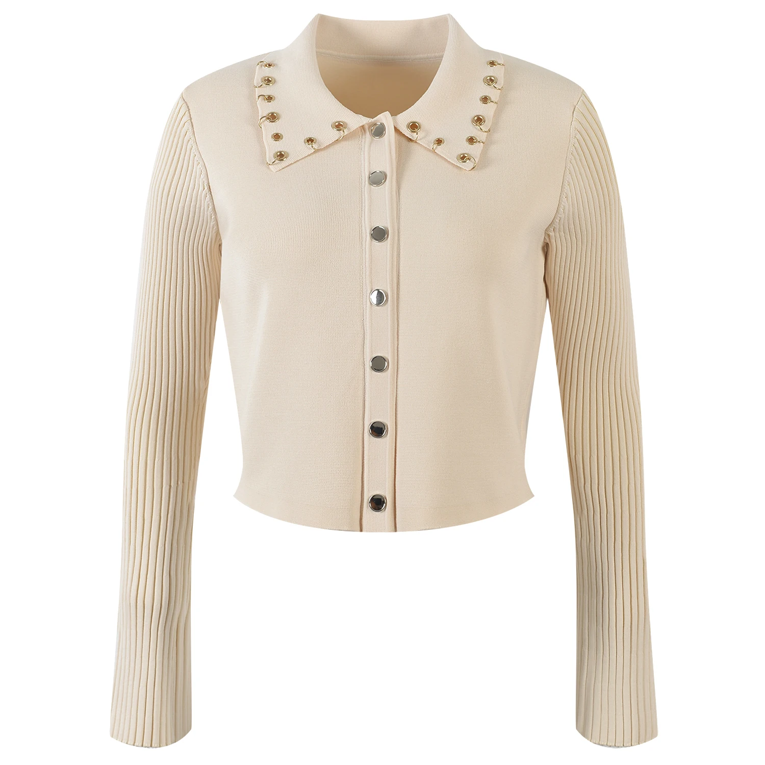 ชุดเซ็ตเสื้อคลุมคาร์ดิแกนเปิดไหล่ทรงเอสีน้ำเงินลายริบบิ้นโลหะดีไซน์ฝรั่งเศส พร้อมกระโปรงพลีททรงเอ แฟชั่นสำหรับผู้หญิง