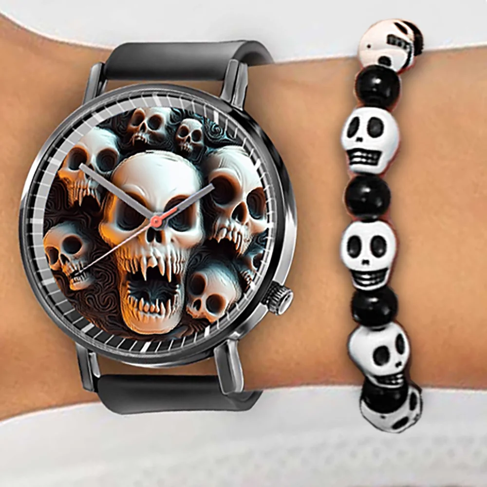 Hot 2024 Skull Simple Design Men\'s and Women\'s Quartz Watch Casual Silicone Black Women\'s Fashion Halloween Gift Wristwatch