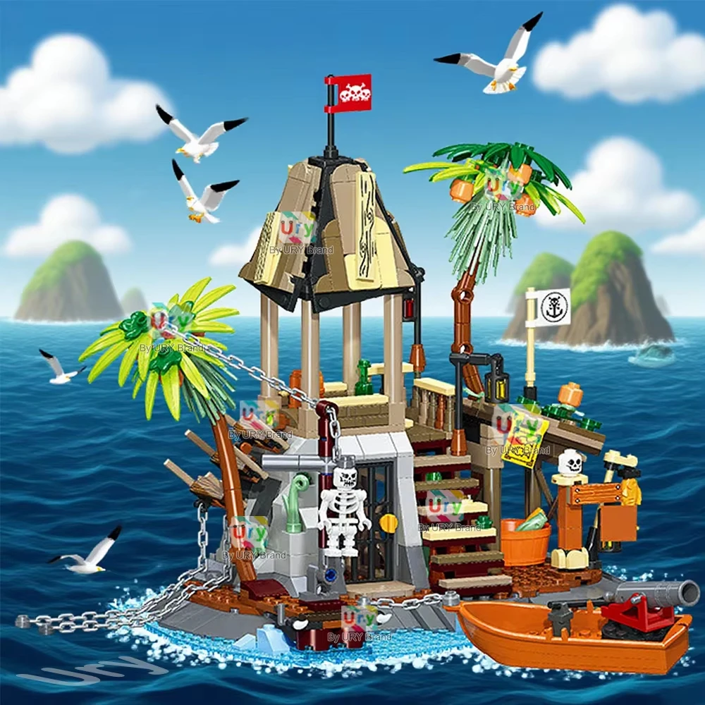 Bouwstenen op piratenbasis, woestijd eilandschatscènemodel met rijke accessoires, creatieve verjaardagscadeaus voor kinderen
