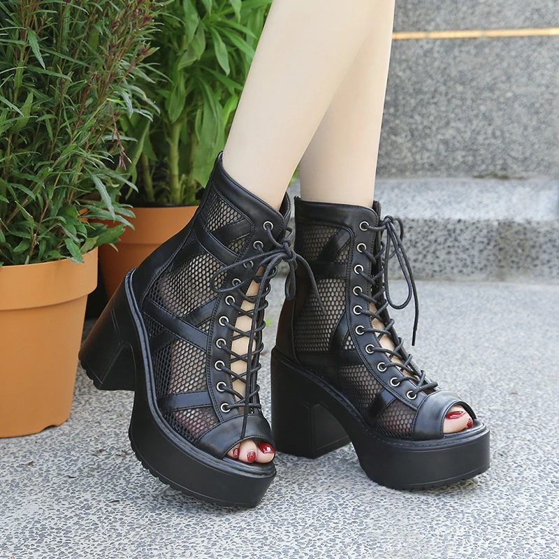 Women's Heels Sandals Summer Trend High Top Dance Boots Black Ballroom Boots  Platform Non-slip Shoes Girl Fashion Party Mesh