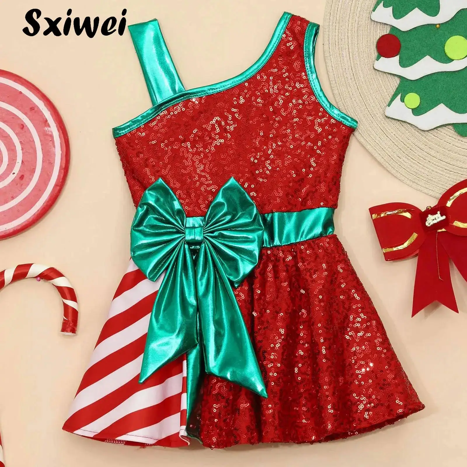 

Kids Girls Candy Cane Striped Ballet Dance Dress Striped Sequins Bowknot Leotard Christmas Holiday Party Performance Costume