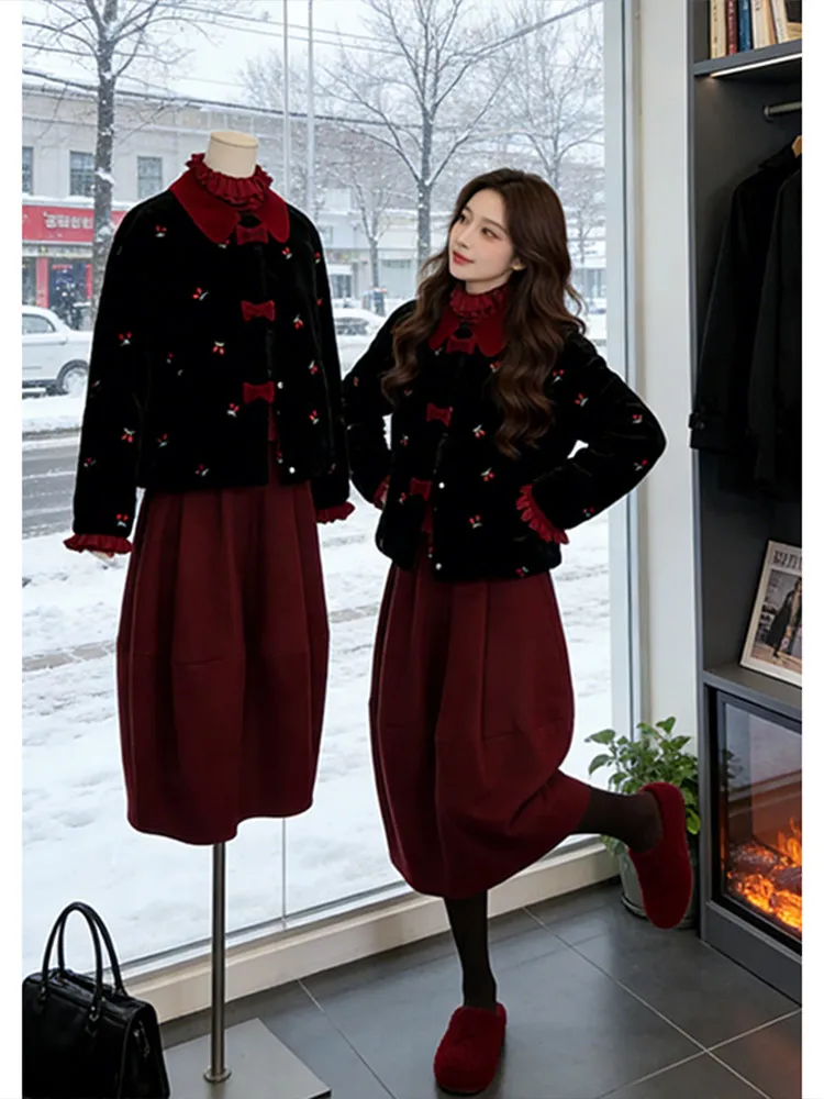 

Korean Sle Winter Faion Set Women's High Waist Loose f Skirt Two-Piece Long Sve Cotton Jaet Floral Print Warm