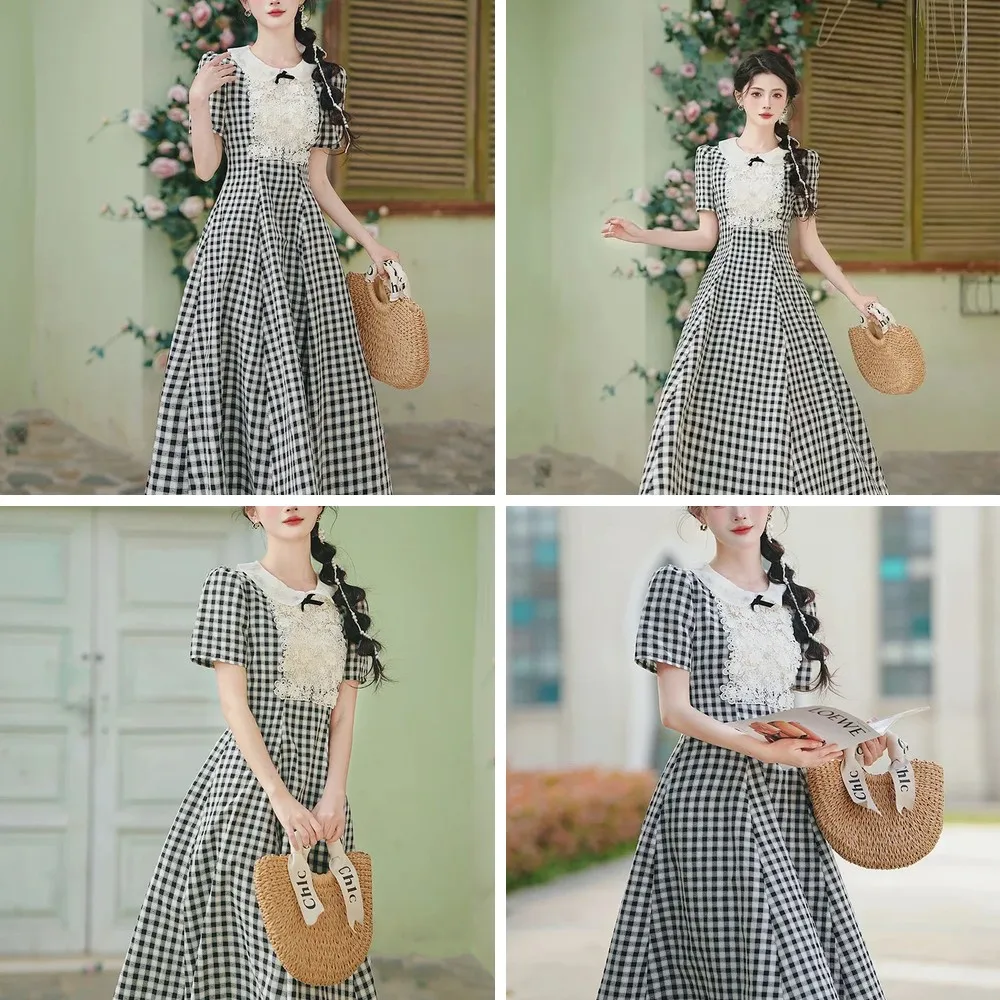

Vintage Plaid Midi Dress with Peter Pan Collar & Lace, Cottagecore Retro Elegant Lady Dress