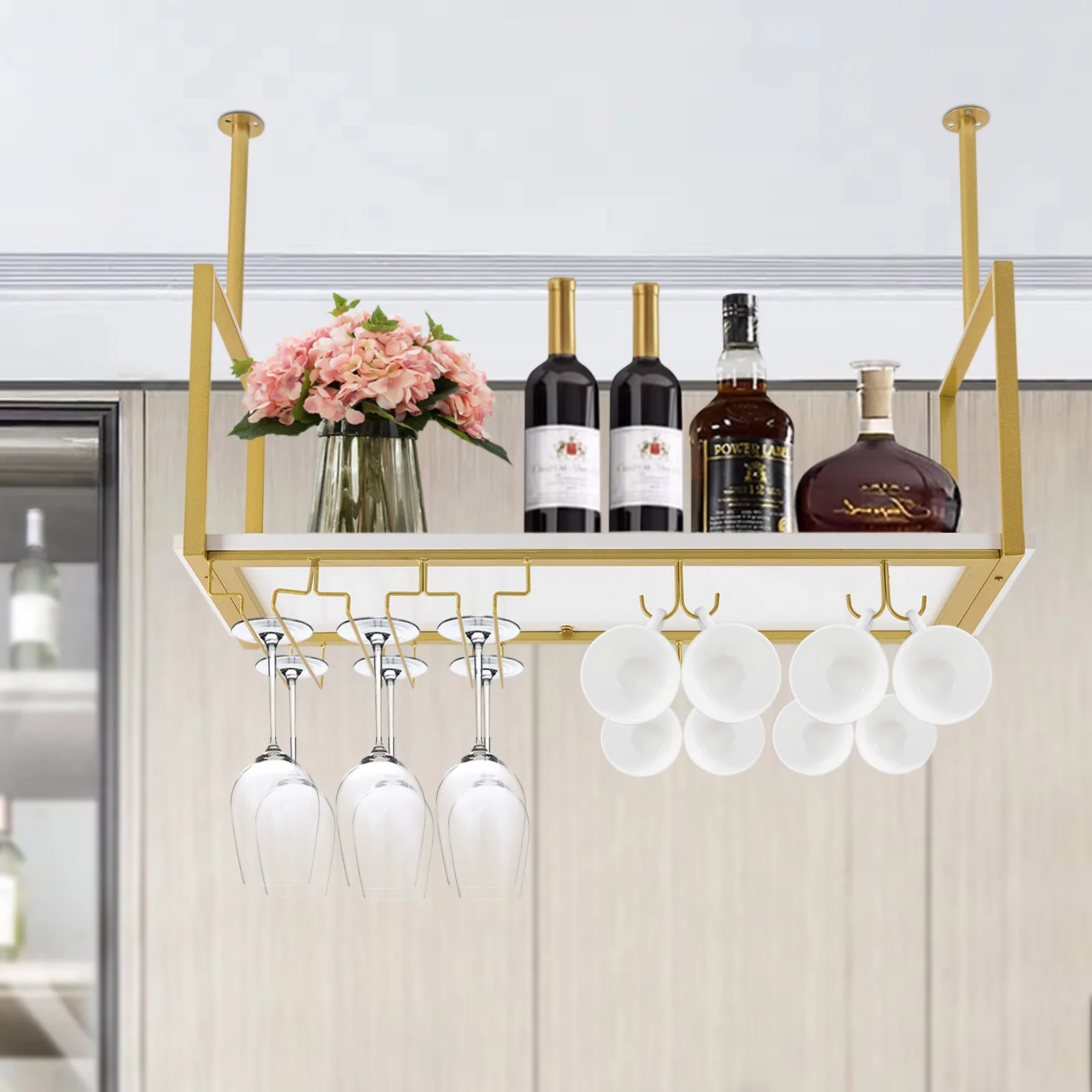 Ceiling Wine Glass Rack Wine Bottles Holder Hanging Stemware Goblet Display Stand for Bar Cafe Kitchen Restaurant