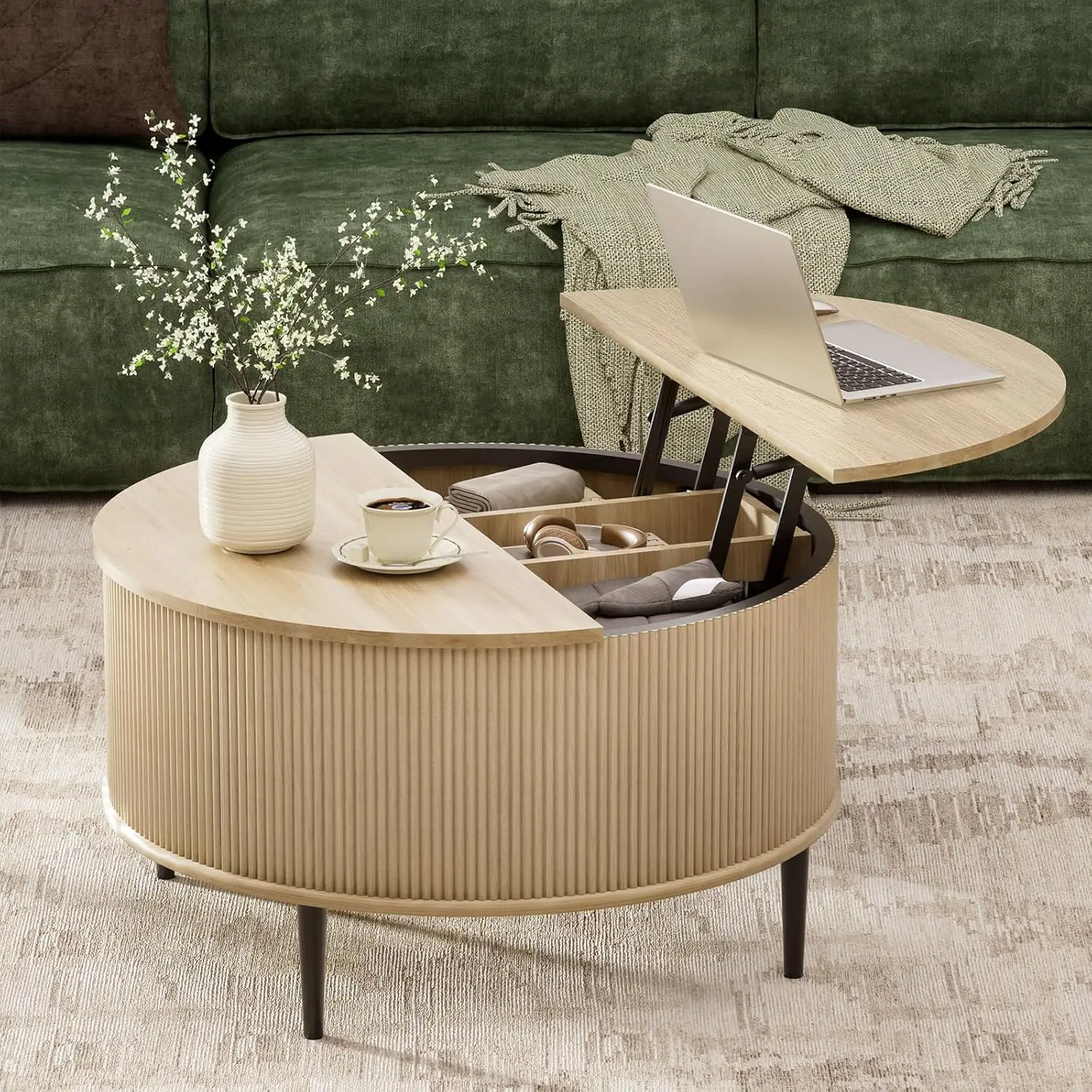 

Round Coffee Table With Storage, 31.5" Flip-top Fluted Center Table, Midcentury Modern Lift Top Curved Table For, Customized