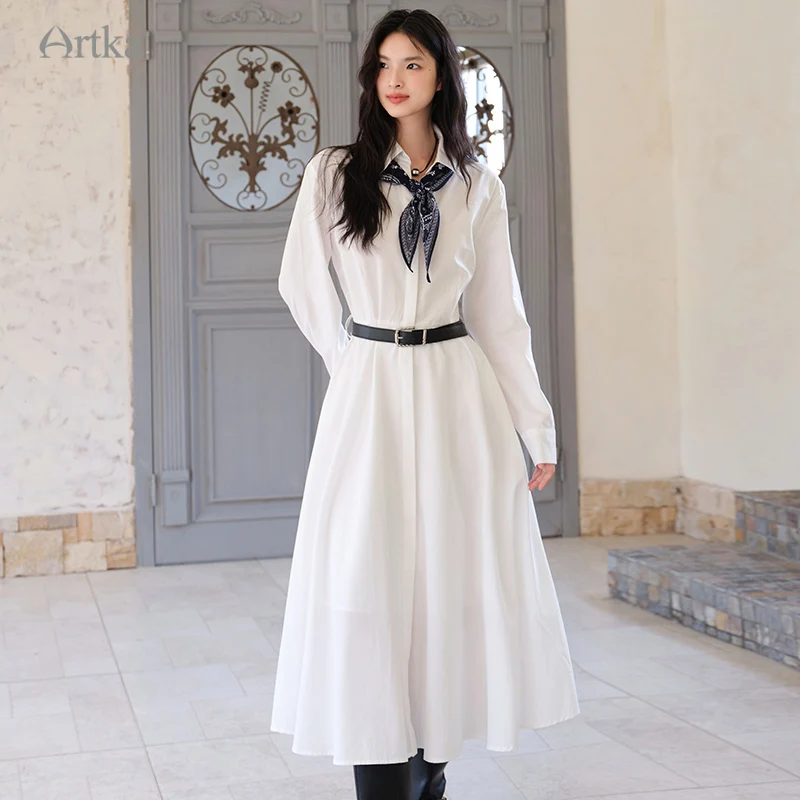 ARTKA 2025 Autumn New Women Dress French White Shirt A-Line Long Dresses Long Sleeve High Waist Dress With Scarf Belt LA82050Q