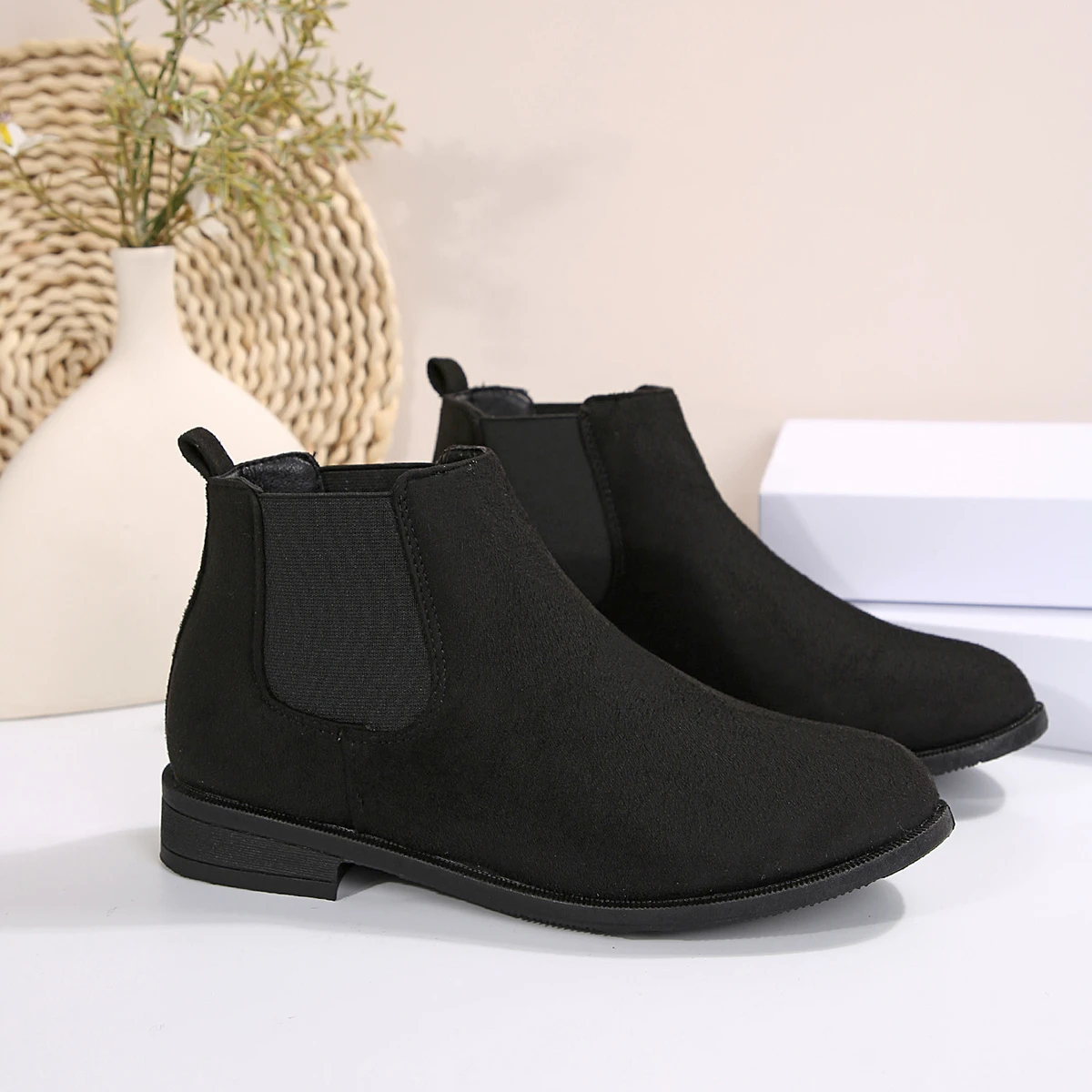 New Round Toe Elastic Band Women Boots Thick Low Heel Slip on Botas Mujer Autumn Winter Short Chelsea Botines Female Flock Botas