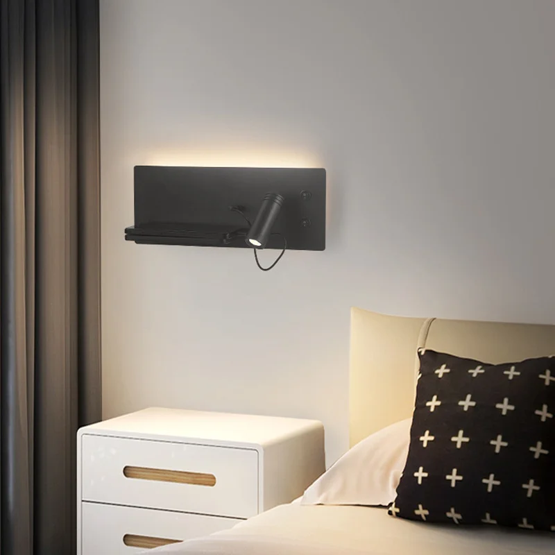 Bedside LED Wall Lights with Shelf Backlight Wireless Charging Reading Wall Lamps with USB Switch Bedroom Study Spotlight Sconce