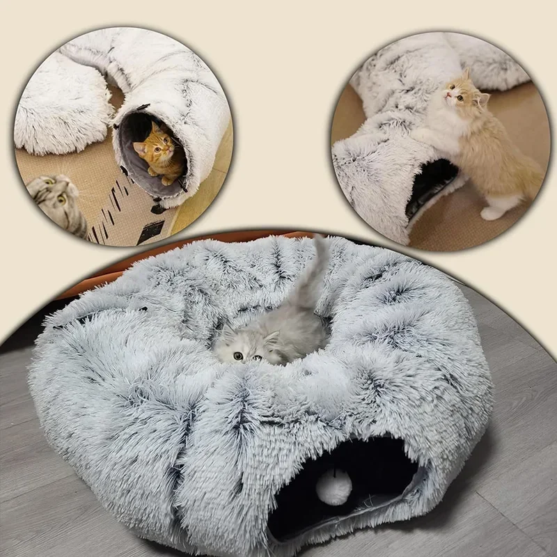 Plush Cat Tunnels Bed for Indoor Cats, Large Cat Donut Tunnel 3 Forms Peekaboo cat cave with Cushion Multifunctional Cat Toys