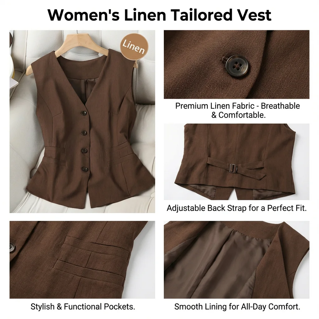 Premium-Design-Weste mit Faux-Taschen für Frühling, Sommer und Herbst, elegante, einzigartige ärmellose Weste mit verstellbarer Schnalle am Rücken, Ver – Detail 2