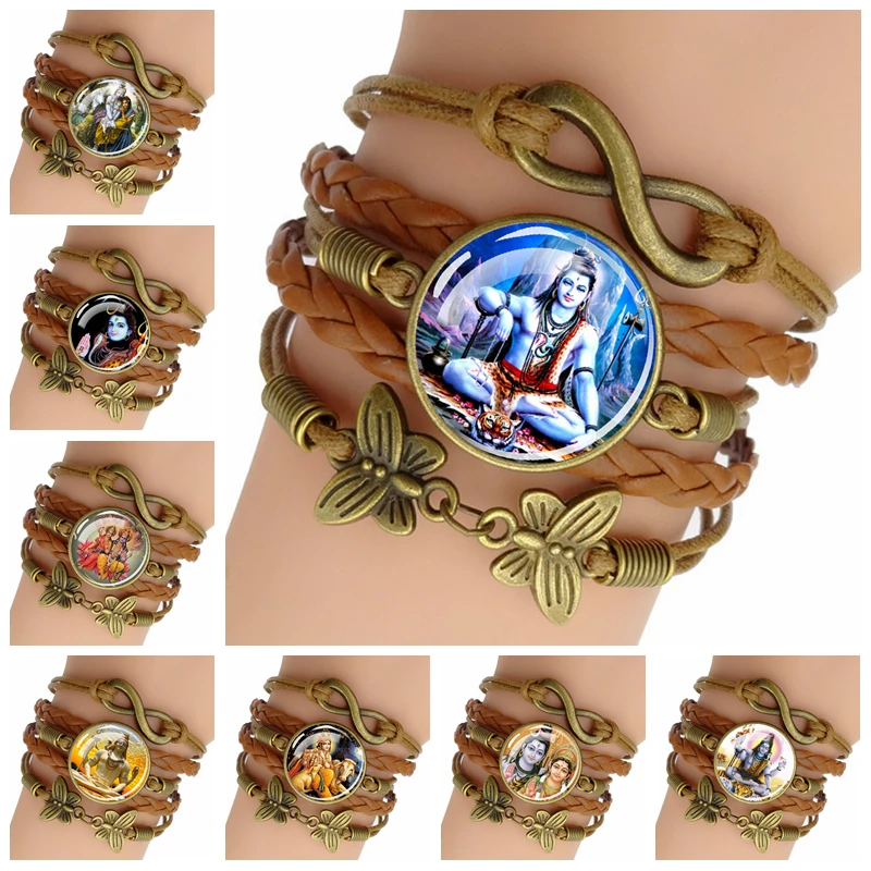 Hindu God Siva Vishnu Multilayer Woven Bracelet Hinduism Jewelry Glass Cabochon Bracelet for Men Women