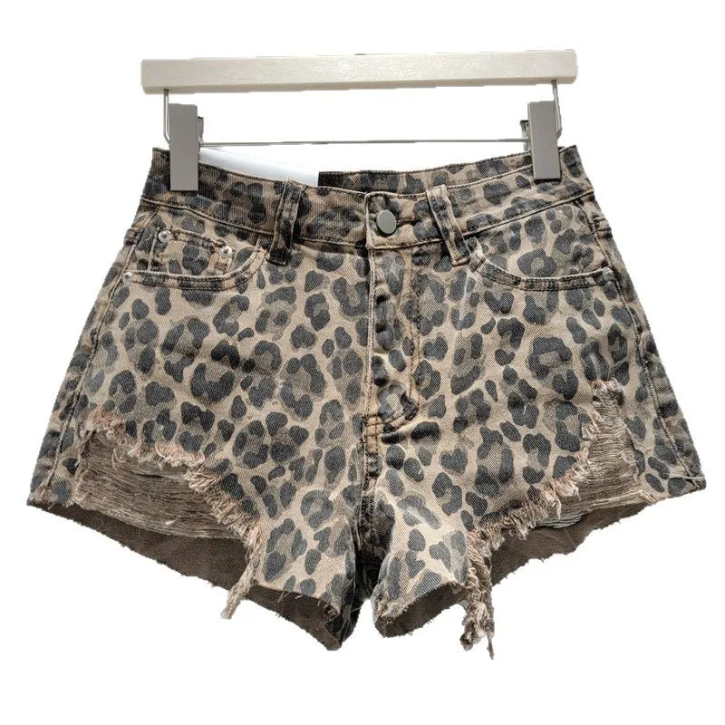 Personality Ripped Rough Edge Elastic Leopard Print Denim Shorts Women's 2025 Summer New Versatile Wide-leg Hot Pants