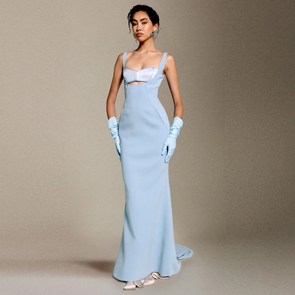 

Design Light Blue Evening Dresses Women Square Collar Mermiad Floor Length Customize Hollow Out Female Prom Banquet Gowns