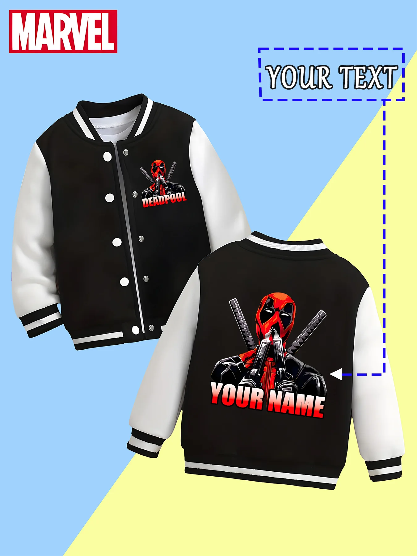 

MINISO Marvel Boys Baseball Jacket - Deadpool's cool double sword pattern, unique personality, super cool for outdoor adventures