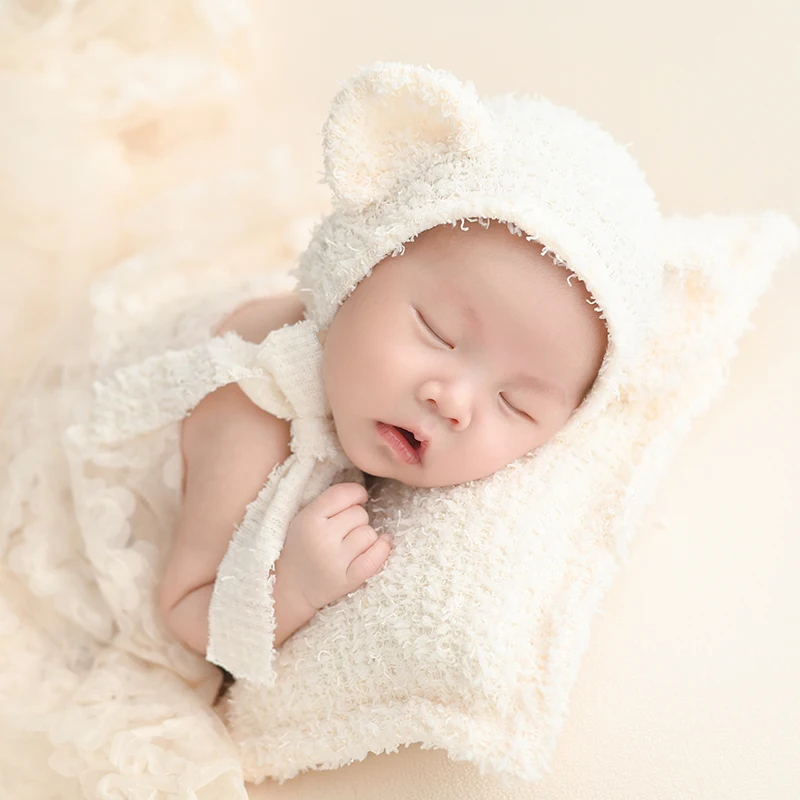 KD Newborn Photography Props Plush Bear Ear Hat Pillow Adjustable Drawstring Hat Soft Bow Pillow Studio Baby Shoot Accessories