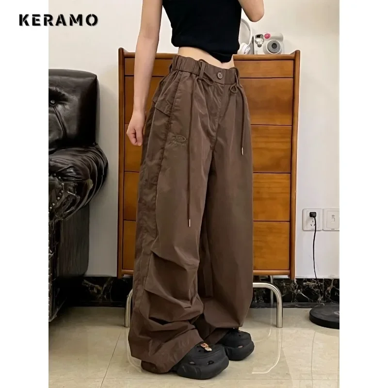 

Vintage Casual High Waist Solid Color Cargo Pants For Women Street Style Wide Leg Overalls Elastic Waist Baggy Y2K Trouser