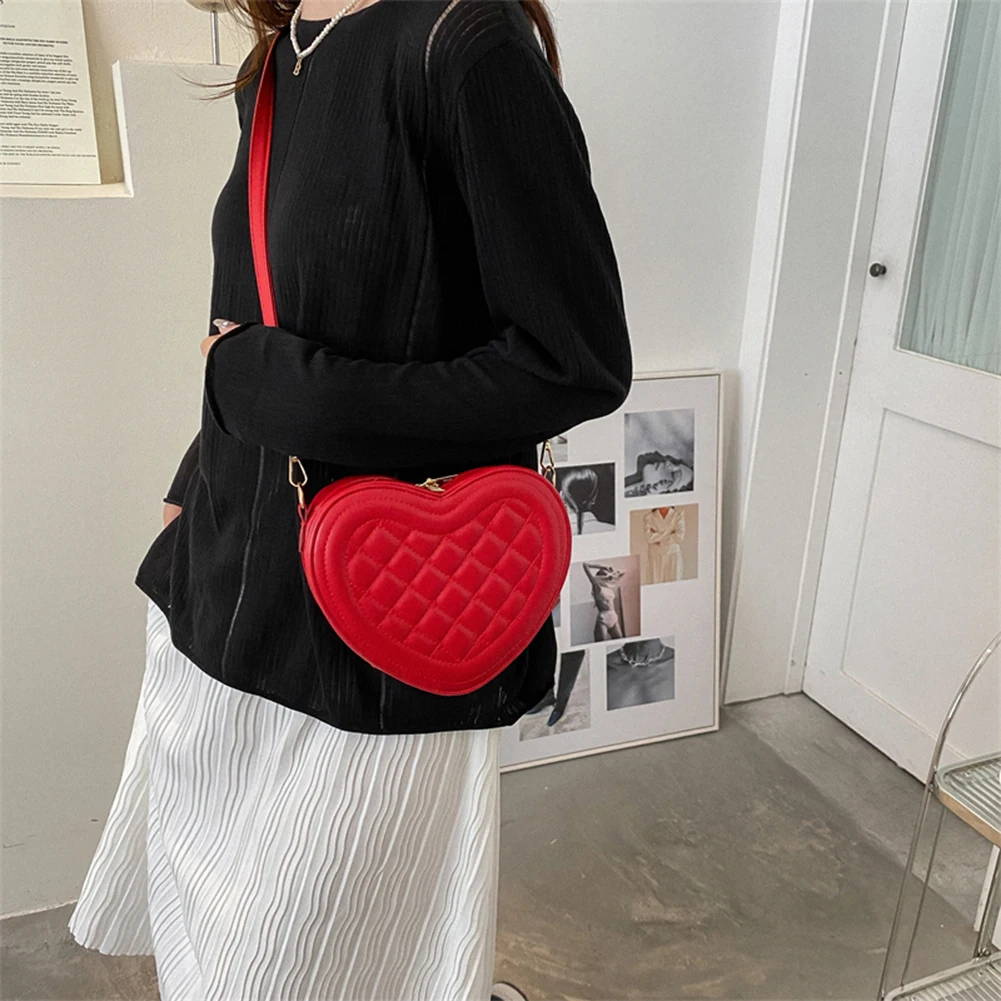 Luxury Love Shaped Fashion Small Crossbody Bags Rhombic Pattern PU Women Sling Purse Red Peach Heart Mini Phone Bag Shoulder Bag