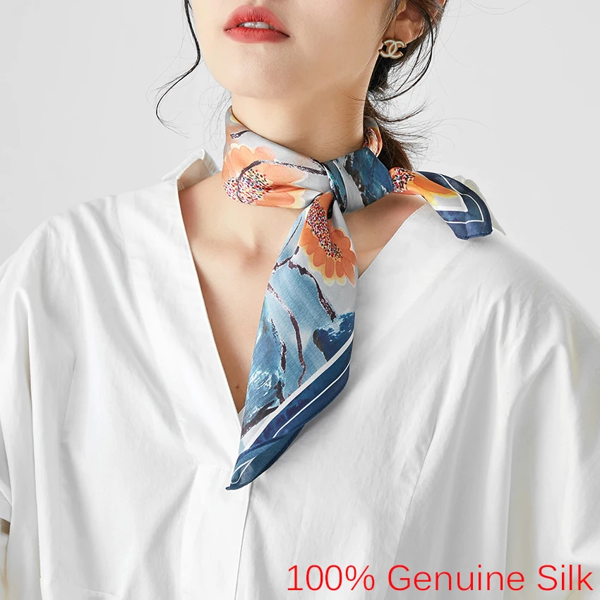 Women\'s 100% Silk Square Scarf Fashion Print Small Neck Scarfs Office Lady Hair Band Foulard Hand Kerchief Female Bandana Shawl