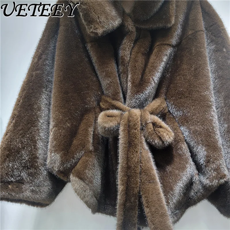 

Winter New European American Style Batwing Sleeve Hooded Loose Fur Coats Fashion Thickened Warm Lace-Up Waist Faux Mink Fur Coat