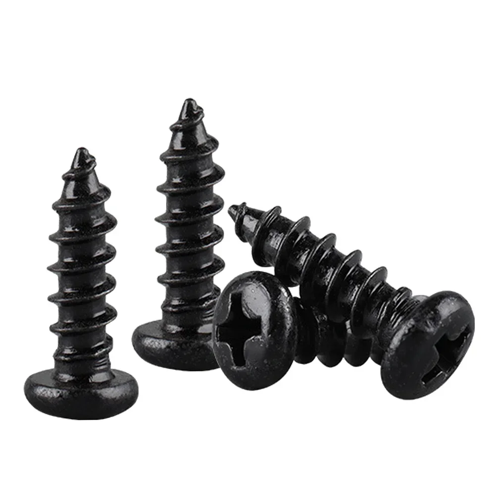 100pcs Black Carbon Steel M1 M1.2 M1.4 M1.5 M1.7 M2 M2.3 M2.6 M3 M3.5 M4 M5 Cross Round Head Phillips Self-tapping Screw